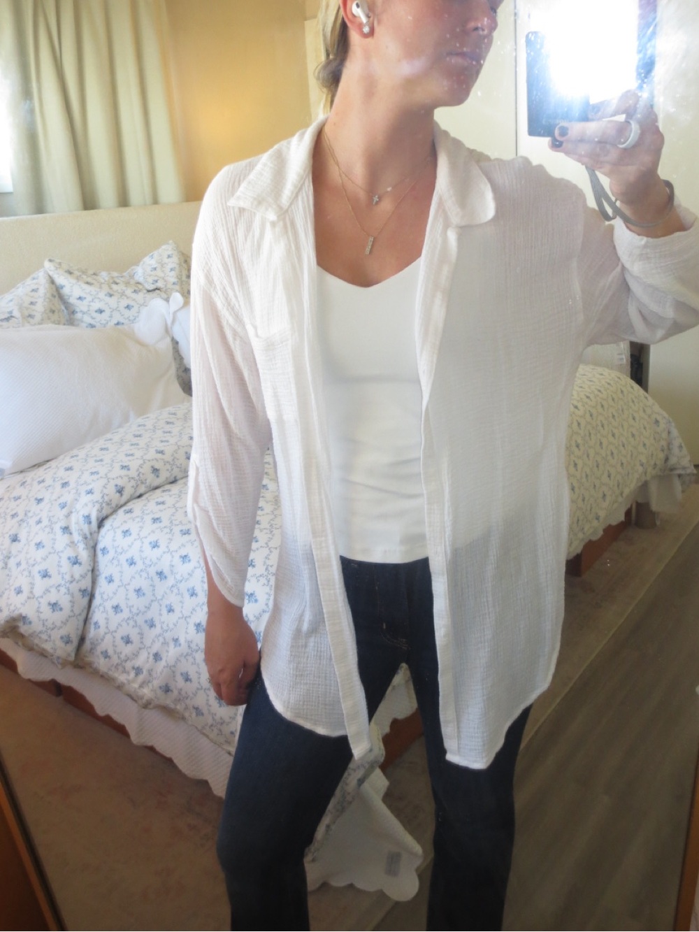 Lightweight White Sheer Button-Up Top - White
